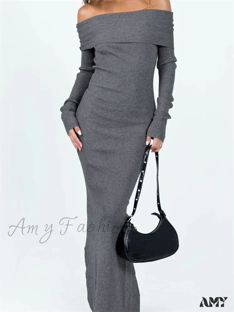 Amy Fashion - Women Slash Neck Off Shoulder  Solid Back Split Hem Casual  Sleeve Party Club Vestidos Streetwear - Image 6
