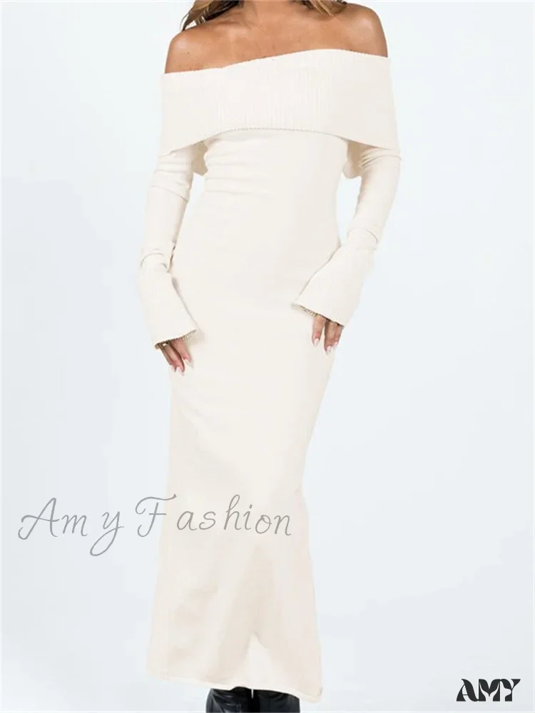 Amy Fashion - Women Slash Neck Off Shoulder  Solid Back Split Hem Casual  Sleeve Party Club Vestidos Streetwear - Image 8