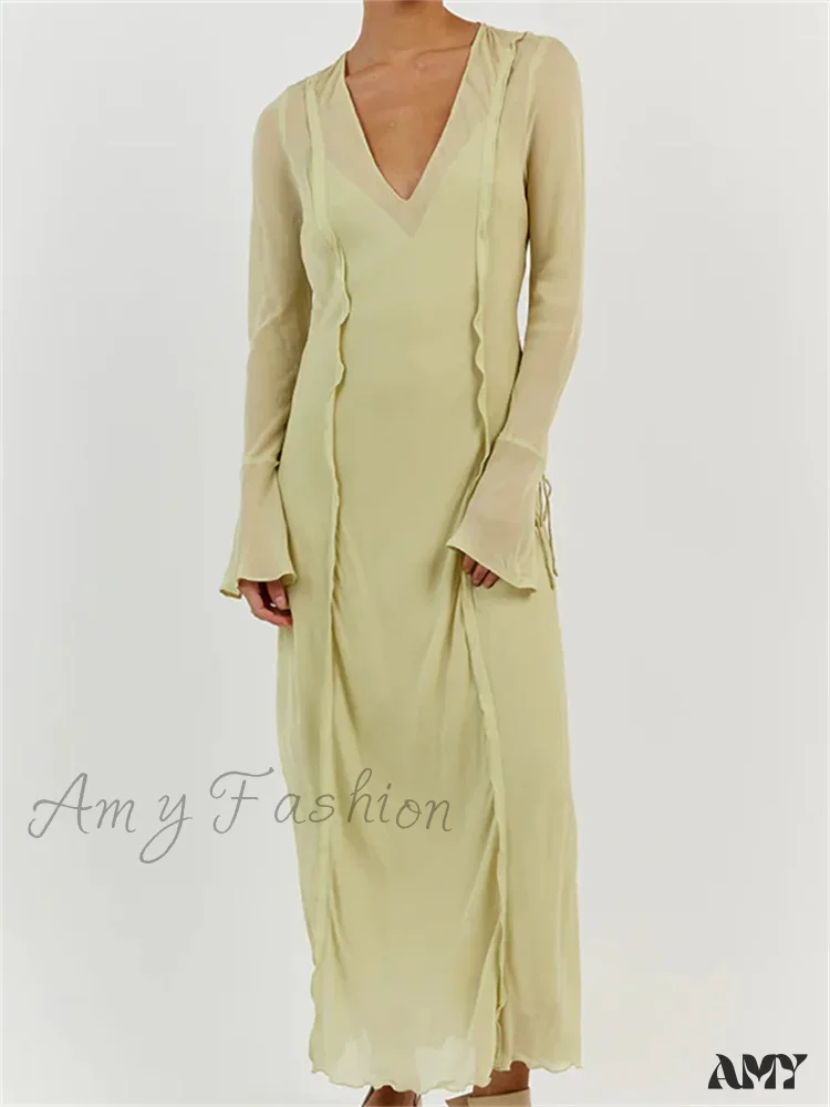 Amy Fashion - Women Sleeve Loose Casual V Neck Mesh See Through Party Beach Cocktail Club Vestidos Streetwear