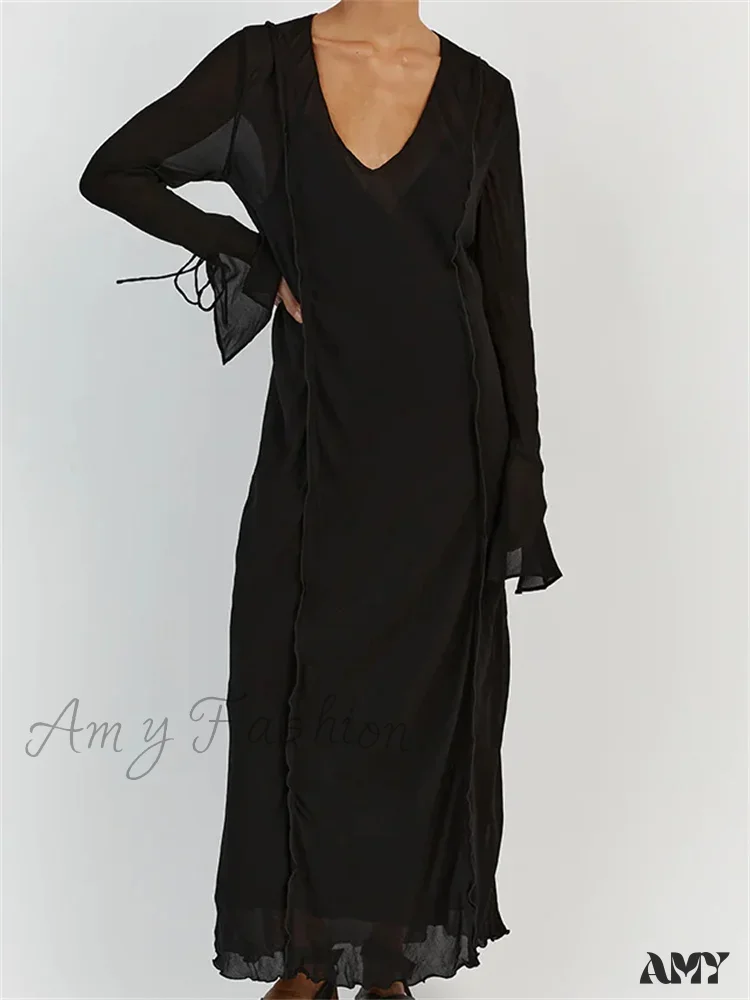 Amy Fashion - Women Sleeve Loose Casual V Neck Mesh See Through Party Beach Cocktail Club Vestidos Streetwear - Image 6
