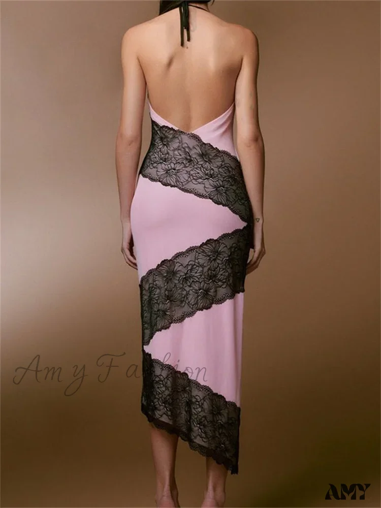 Amy Fashion - Women Sleeveless Halter Tie-up Backless Lace Patchwork Slim Asymmetrical Hem Cocktail Vestidos - Image 3