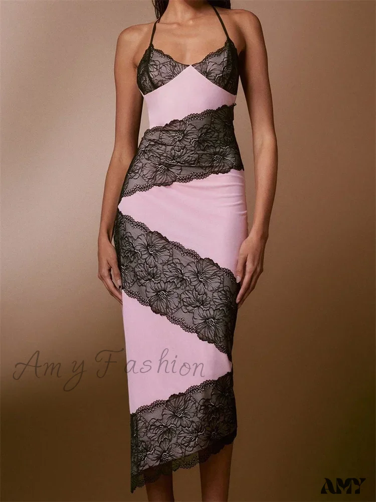 Amy Fashion - Women Sleeveless Halter Tie-up Backless Lace Patchwork Slim Asymmetrical Hem Cocktail Vestidos - Image 4