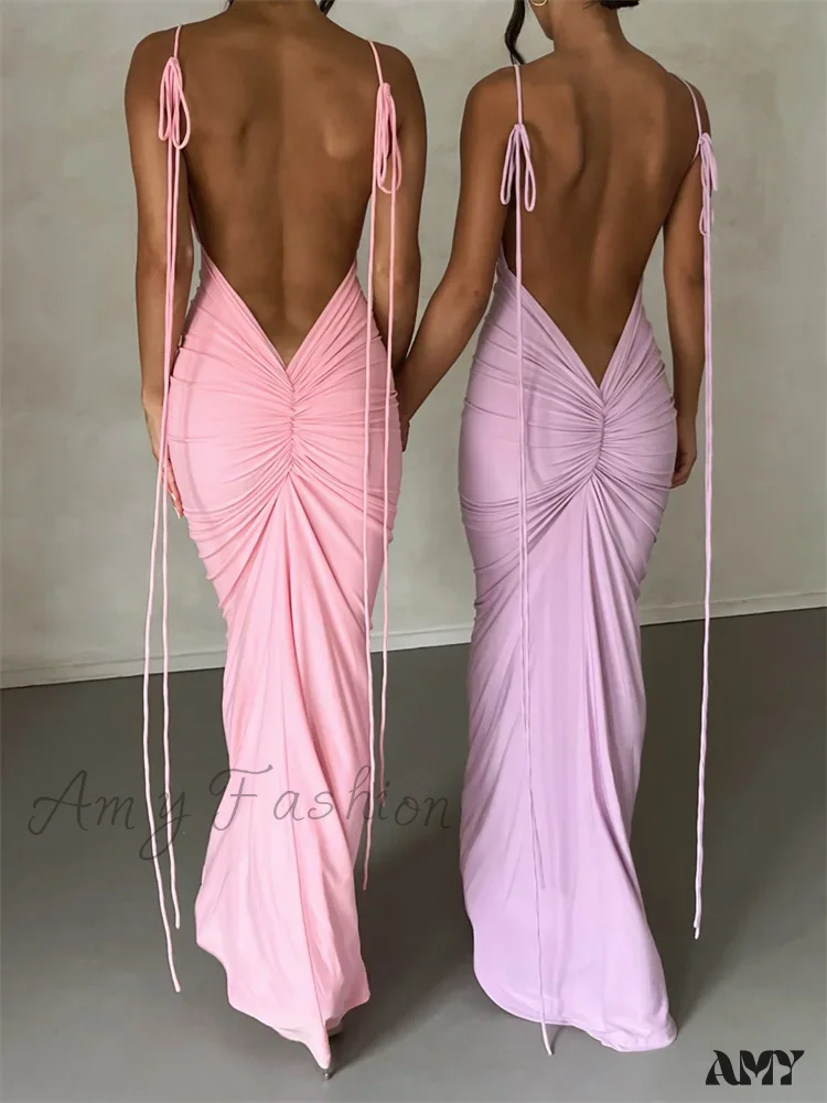 Amy Fashion - Women Sleeveless Lace-up Strap Sling Summer Backless Ruched Party  V-neck Slim Fit Sexy Vestidos - Image 2