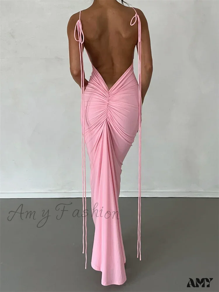 Amy Fashion - Women Sleeveless Lace-up Strap Sling Summer Backless Ruched Party  V-neck Slim Fit Sexy Vestidos - Image 3