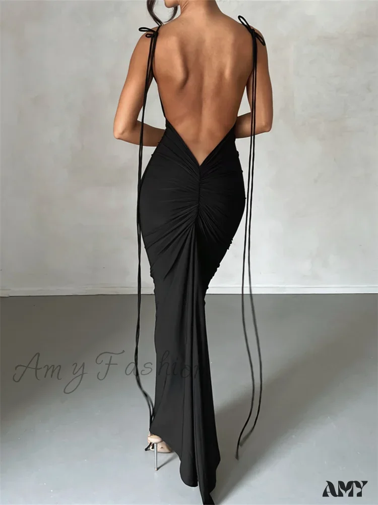 Amy Fashion - Women Sleeveless Lace-up Strap Sling Summer Backless Ruched Party  V-neck Slim Fit Sexy Vestidos - Image 6