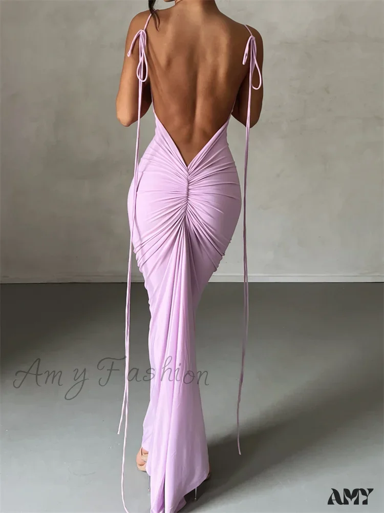 Amy Fashion - Women Sleeveless Lace-up Strap Sling Summer Backless Ruched Party  V-neck Slim Fit Sexy Vestidos - Image 8