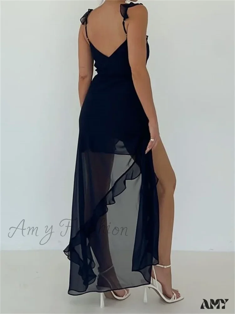 Amy Fashion - Women Sleeveless  Ruffles Solid Color V Neck Casual High Split Party for Cocktail Summer Streetwear - Image 2