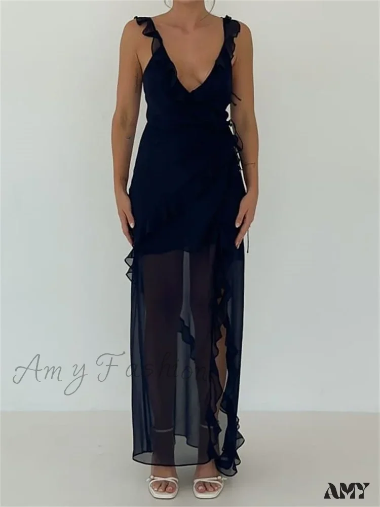 Amy Fashion - Women Sleeveless  Ruffles Solid Color V Neck Casual High Split Party for Cocktail Summer Streetwear - Image 3