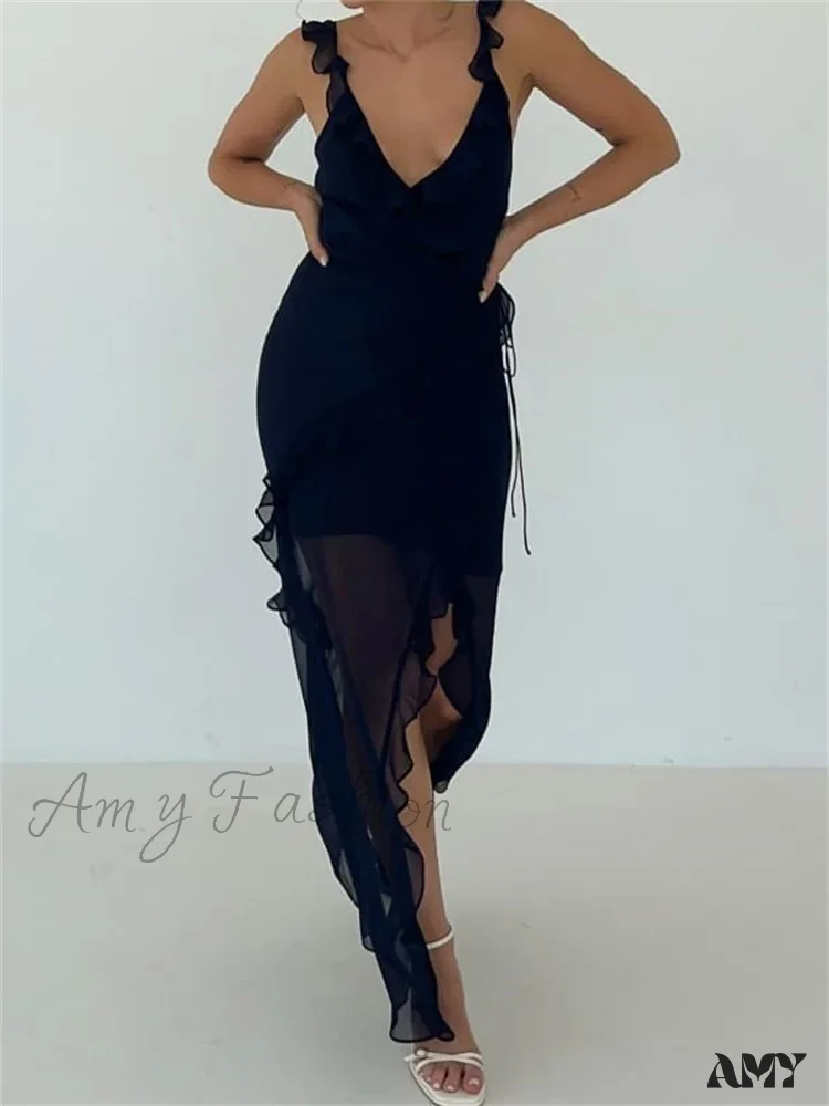 Amy Fashion - Women Sleeveless  Ruffles Solid Color V Neck Casual High Split Party for Cocktail Summer Streetwear - Image 4