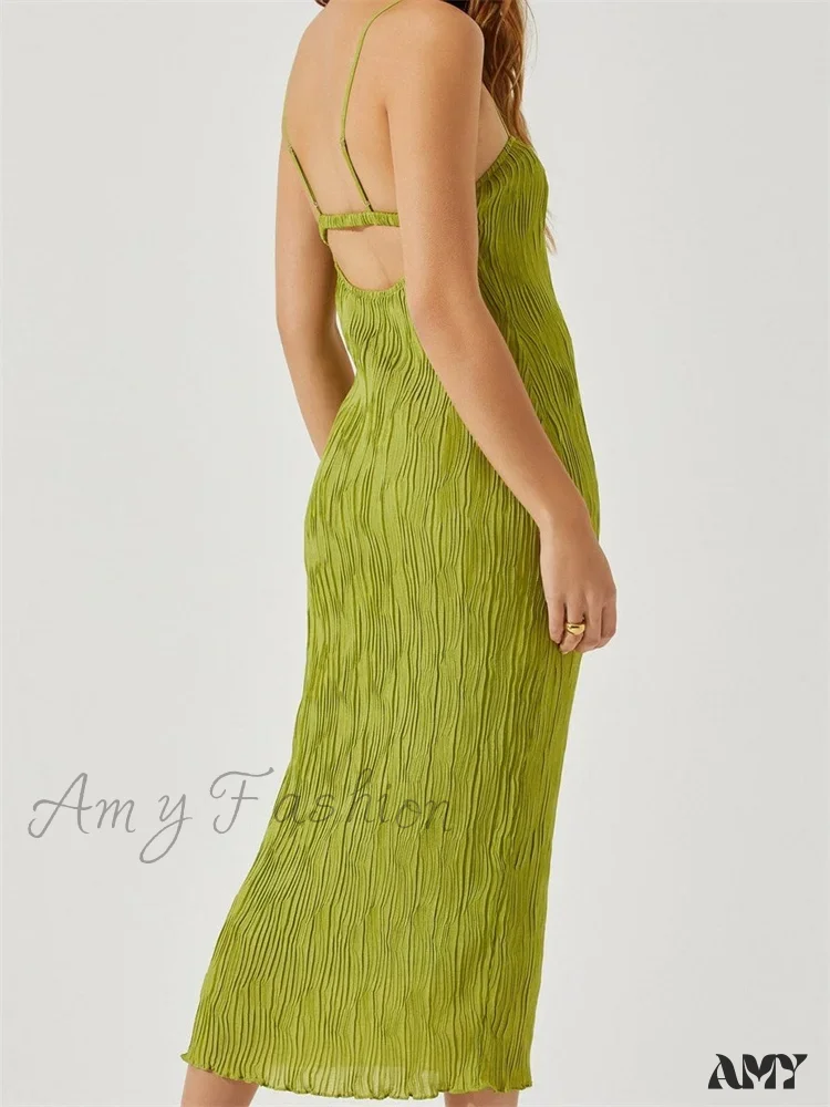 Amy Fashion - Women Sleeveless Spaghetti Strap Mid Solid Color Summer Backless Party Cocktail Beach Vestidos Streetwear - Image 3