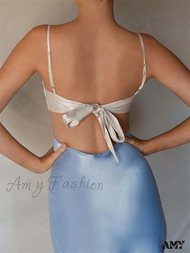 Amy Fashion - Women Slim  Adjustable Strap Back Tie-up High Waist Low Cut Contrast Color Wedding Party Club Vestido - Image 6