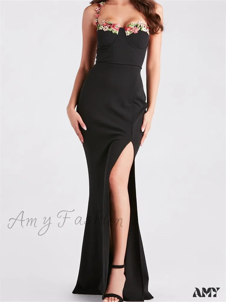 Amy Fashion - Women Slim Sling High Split Flower Embroidery Sleeveless Spaghetti Strap Summer Party Club Vestidos