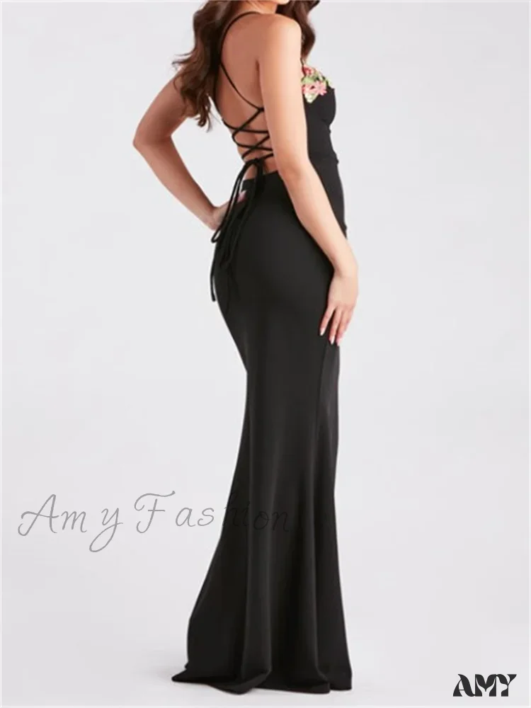 Amy Fashion - Women Slim Sling High Split Flower Embroidery Sleeveless Spaghetti Strap Summer Party Club Vestidos - Image 2