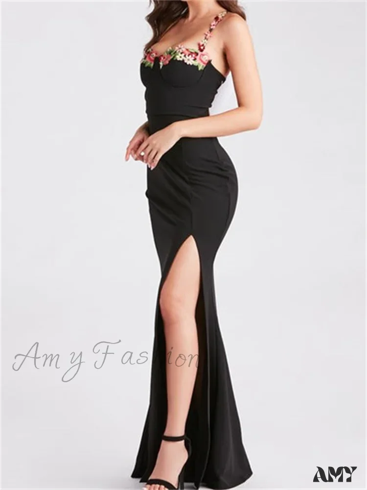 Amy Fashion - Women Slim Sling High Split Flower Embroidery Sleeveless Spaghetti Strap Summer Party Club Vestidos - Image 3