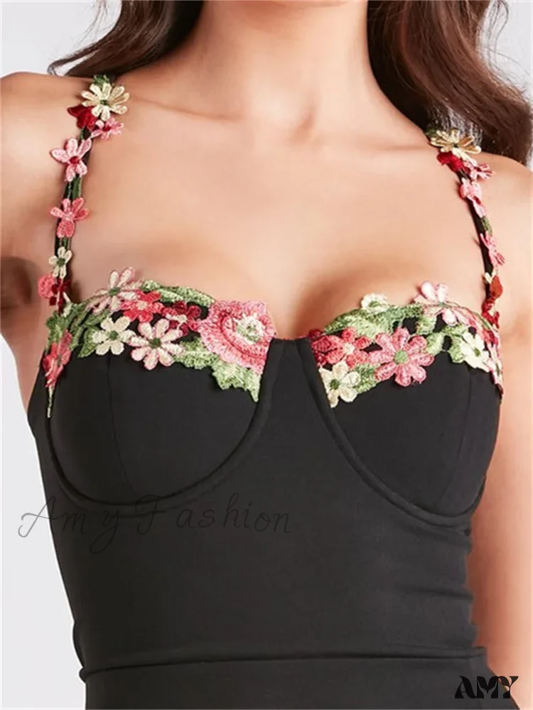 Amy Fashion - Women Slim Sling High Split Flower Embroidery Sleeveless Spaghetti Strap Summer Party Club Vestidos - Image 4