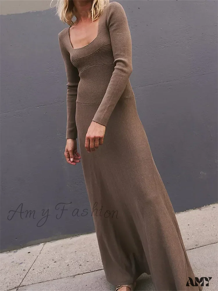Amy Fashion - Women Spring Fall Casual  Solid Color Square Neck  Sleeve Knitted Pleated Fashion Holiday Vestido - Image 2