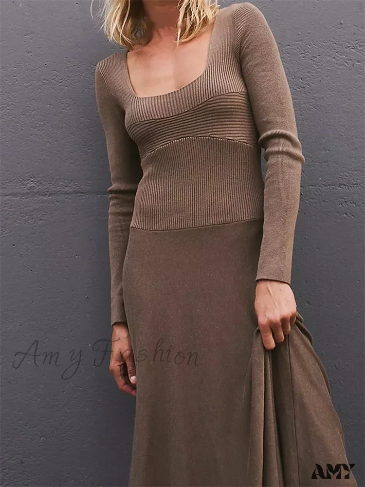 Amy Fashion - Women Spring Fall Casual  Solid Color Square Neck  Sleeve Knitted Pleated Fashion Holiday Vestido - Image 3