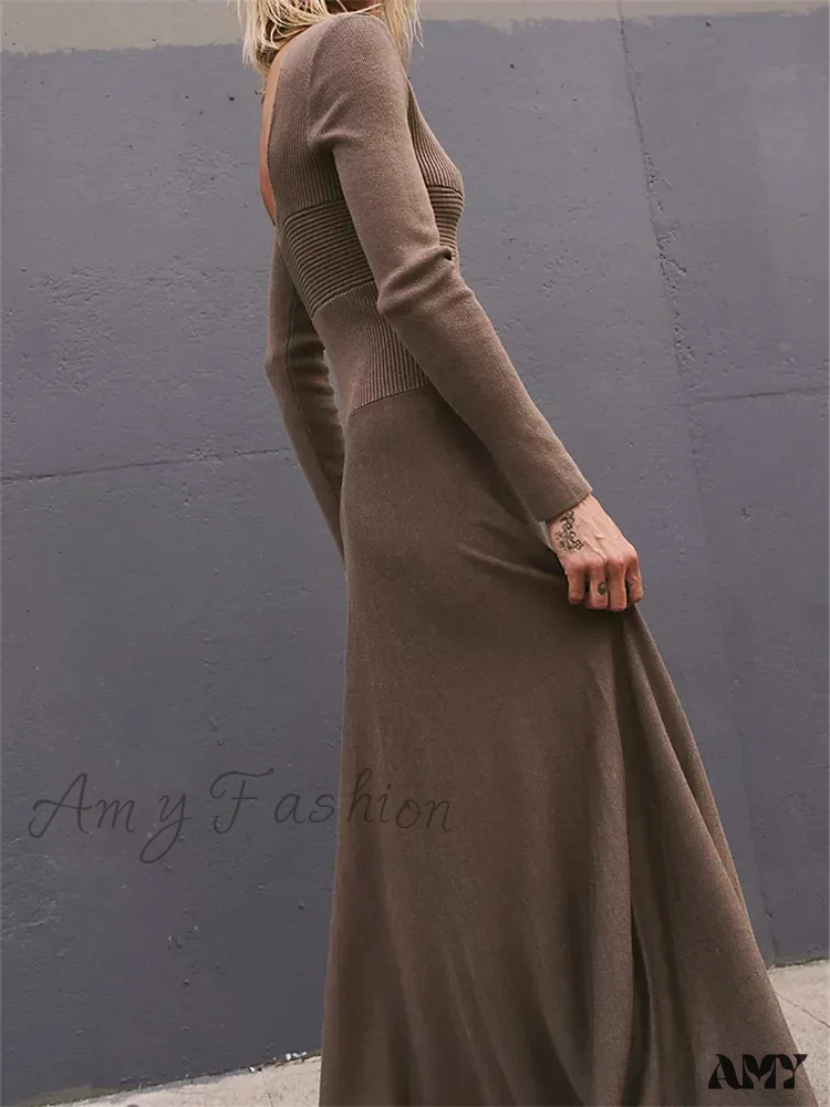 Amy Fashion - Women Spring Fall Casual  Solid Color Square Neck  Sleeve Knitted Pleated Fashion Holiday Vestido - Image 4