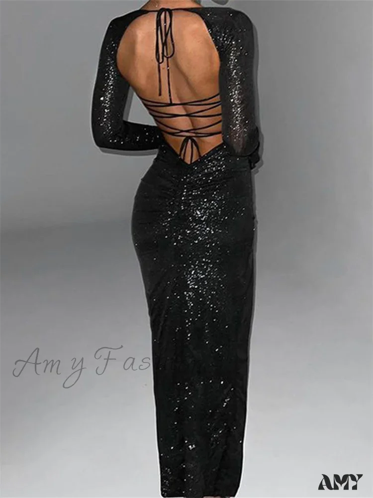 Amy Fashion - Women  Square Neck High Split  Sleeve Sparkly Backless Tie Up Cocktail Club Party Female Vestidos - Image 3