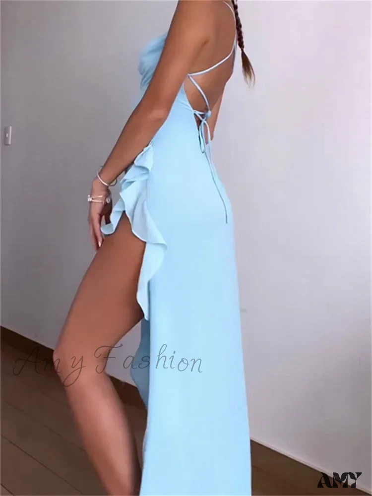 Amy Fashion - Women Summer  Sleeveless Spaghetti Strap Irregular Hem Ruffles Side High Split Party Female Vestidos - Image 2