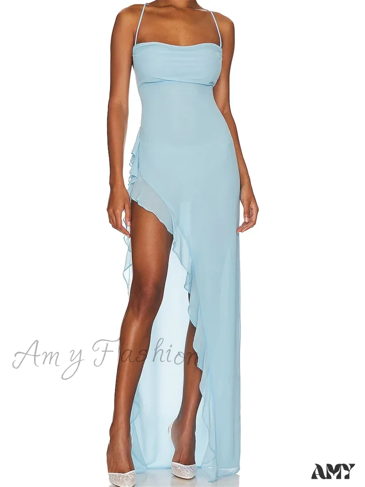 Amy Fashion - Women Summer  Sleeveless Spaghetti Strap Irregular Hem Ruffles Side High Split Party Female Vestidos - Image 3