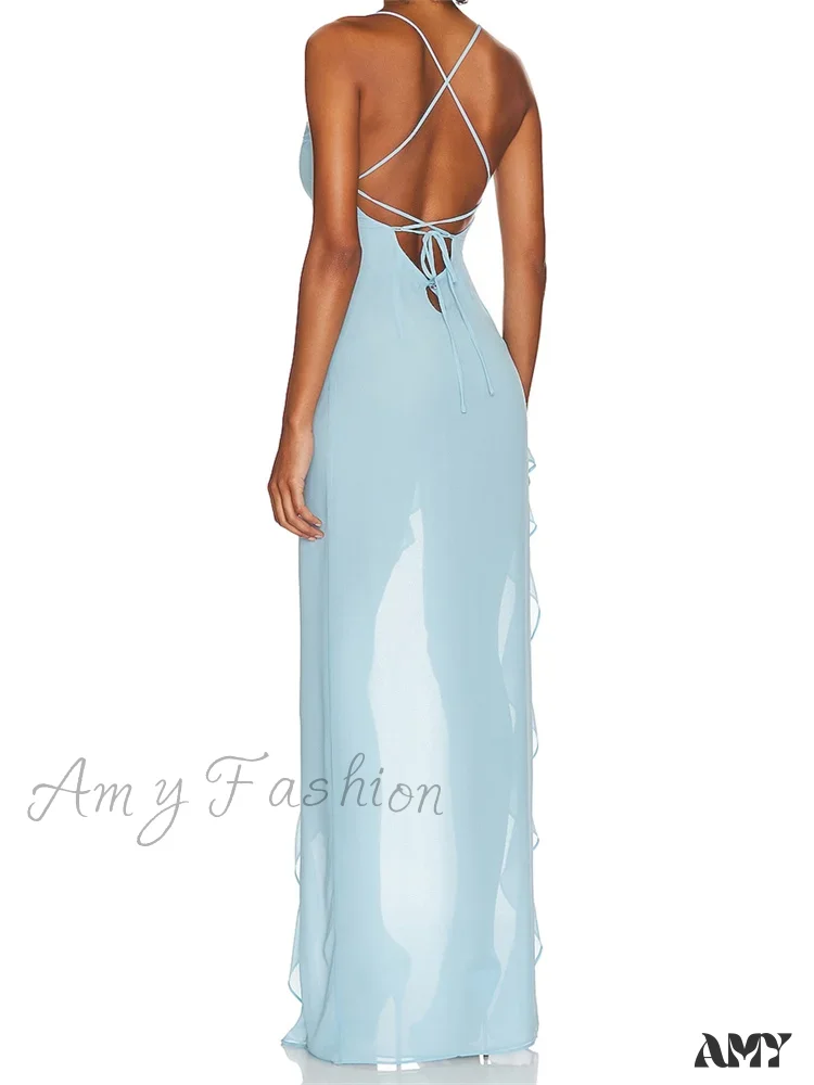 Amy Fashion - Women Summer  Sleeveless Spaghetti Strap Irregular Hem Ruffles Side High Split Party Female Vestidos - Image 4