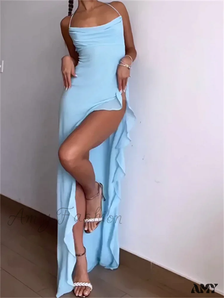 Amy Fashion - Women Summer  Sleeveless Spaghetti Strap Irregular Hem Ruffles Side High Split Party Female Vestidos - Image 6