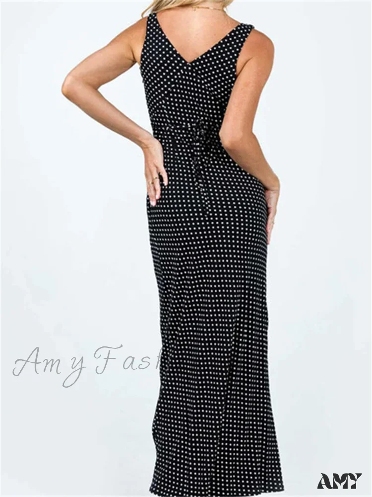 Amy Fashion - Women Summer Slim  Tank Dot Print Sleeveless Deep V-Neck Bodycon Ankle Length Female Vestidos - Image 5