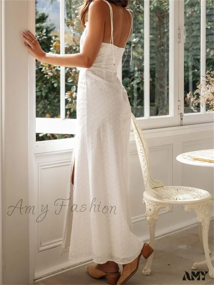 Amy Fashion - Women Summer  Sling Sleeveless High Split Hollow Out Tie Up Lace Trim Party Beach Female Vestido - Image 3