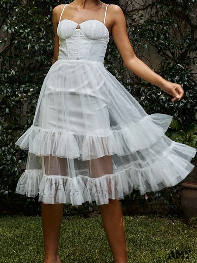 Amy Fashion - Women Summer Solid Color Sleeveless Strap Summer Layered Tulle Ruffles Backless Party Vestidos