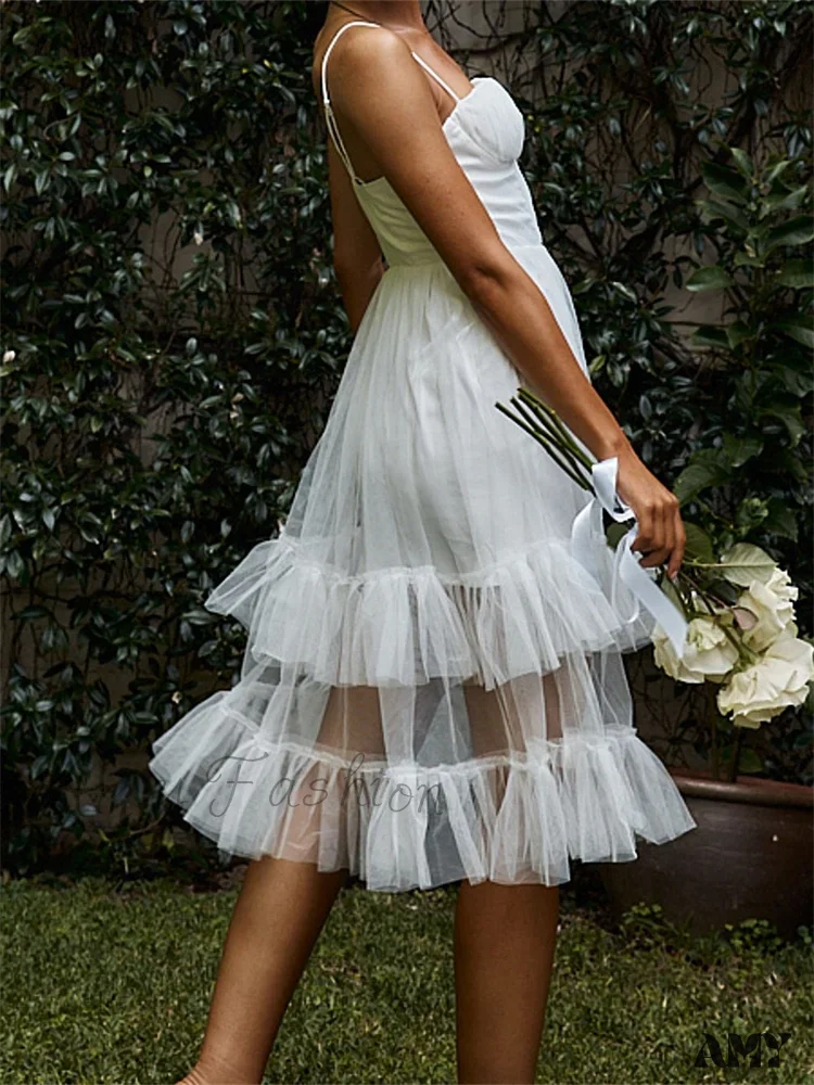 Amy Fashion - Women Summer Solid Color Sleeveless Strap Summer Layered Tulle Ruffles Backless Party Vestidos - Image 2