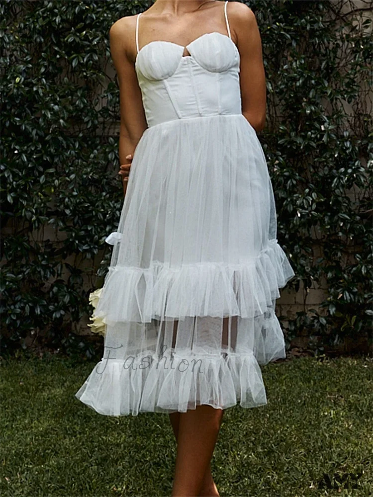 Amy Fashion - Women Summer Solid Color Sleeveless Strap Summer Layered Tulle Ruffles Backless Party Vestidos - Image 3