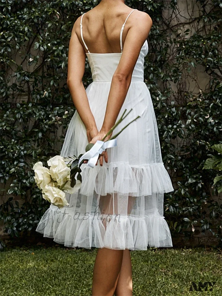 Amy Fashion - Women Summer Solid Color Sleeveless Strap Summer Layered Tulle Ruffles Backless Party Vestidos - Image 5