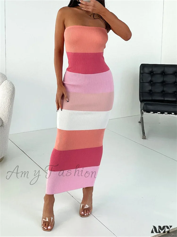 Amy Fashion - Women Summer Strapless Knitted Ribbed Female Sexy  Vestidos Sleeveless Off Shoulder  Striped Outfits - Image 10