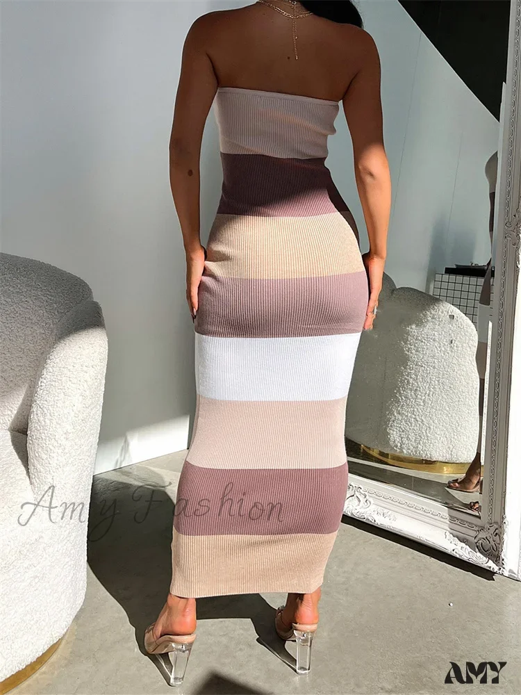 Amy Fashion - Women Summer Strapless Knitted Ribbed Female Sexy  Vestidos Sleeveless Off Shoulder  Striped Outfits - Image 4