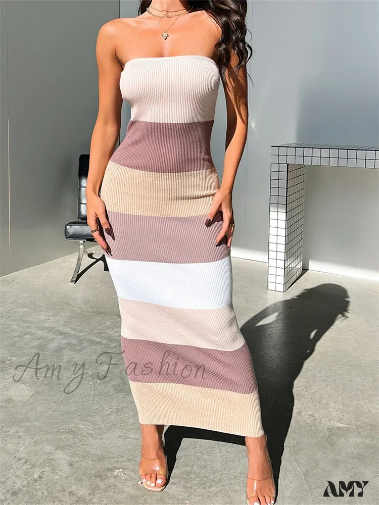 Amy Fashion - Women Summer Strapless Knitted Ribbed Female Sexy  Vestidos Sleeveless Off Shoulder  Striped Outfits - Image 7