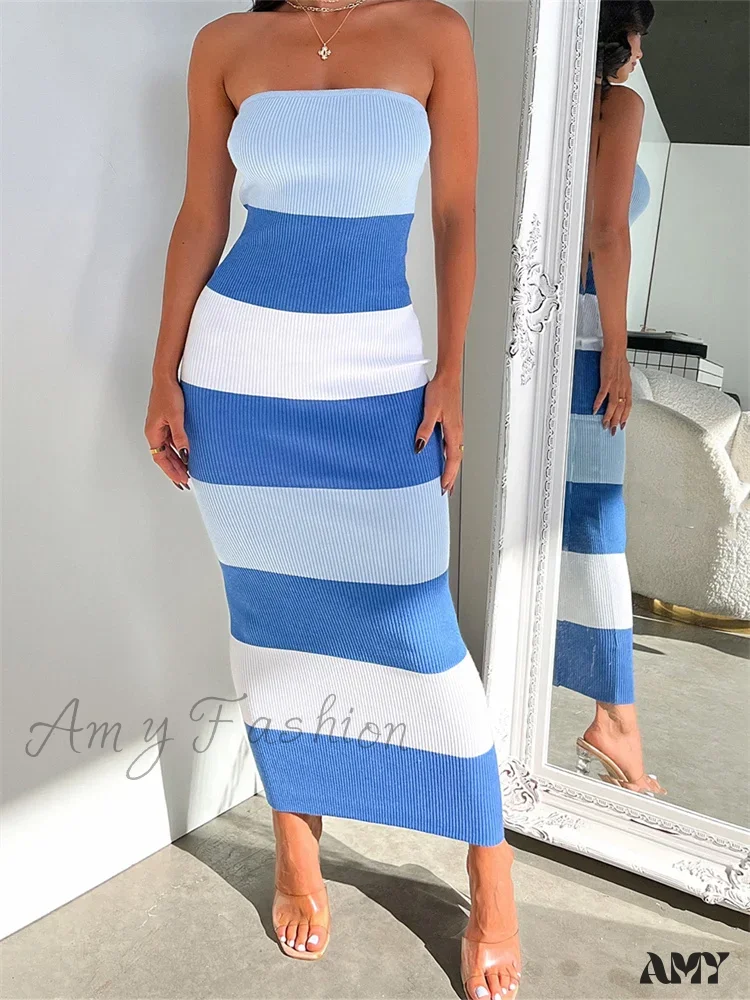 Amy Fashion - Women Summer Strapless Knitted Ribbed Female Sexy  Vestidos Sleeveless Off Shoulder  Striped Outfits - Image 8