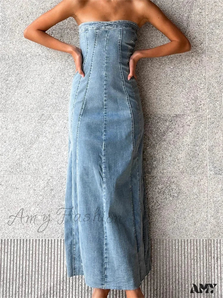 Amy Fashion - Women Tube  Strapless Backless Denim Back Zip Up Summer Side Split Club Party Female Vestidos - Image 2