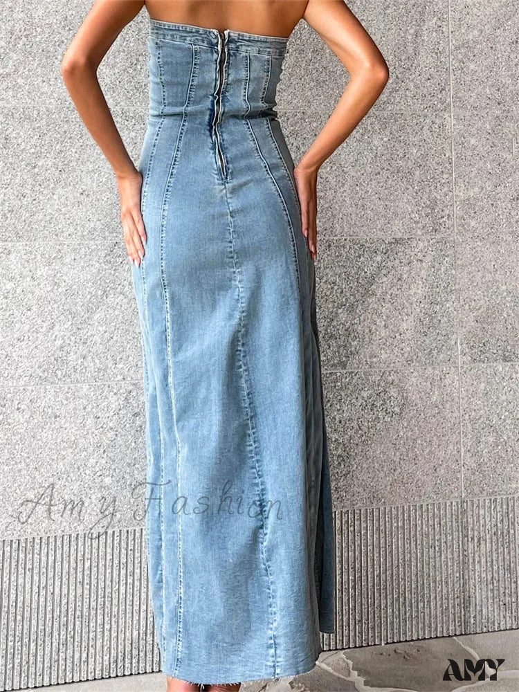 Amy Fashion - Women Tube  Strapless Backless Denim Back Zip Up Summer Side Split Club Party Female Vestidos - Image 3