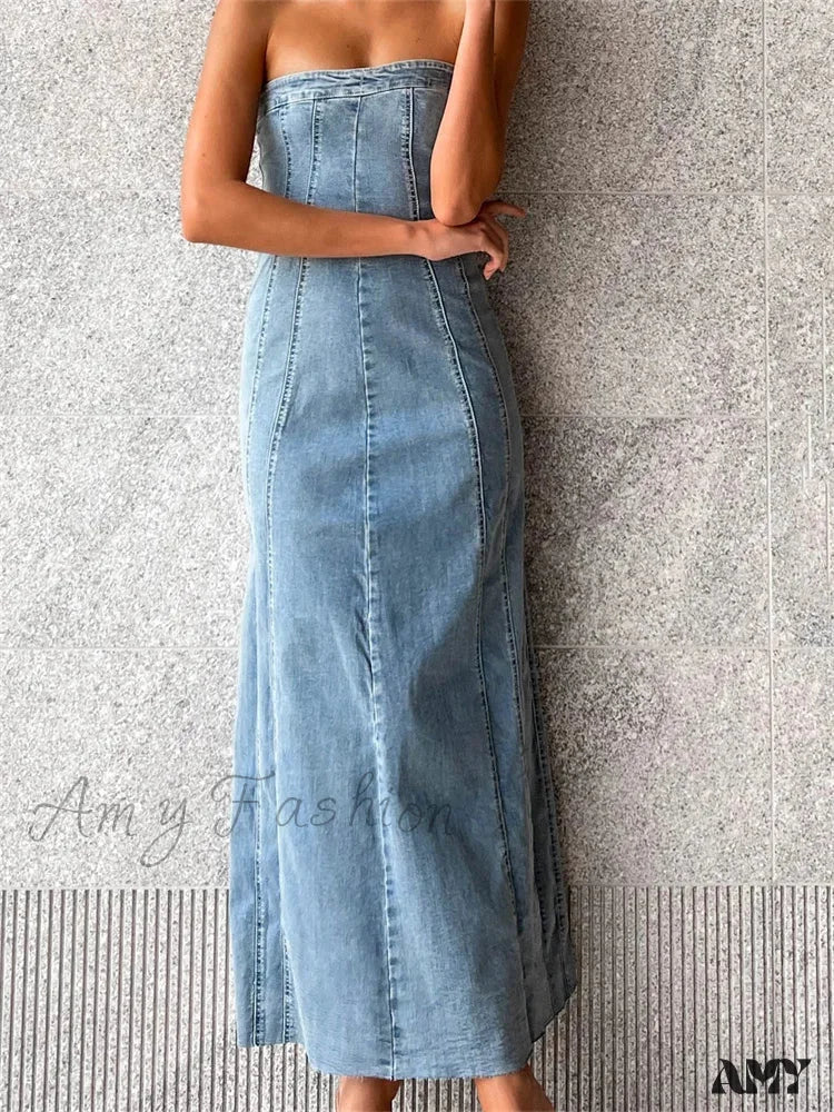 Amy Fashion - Women Tube  Strapless Backless Denim Back Zip Up Summer Side Split Club Party Female Vestidos - Image 4