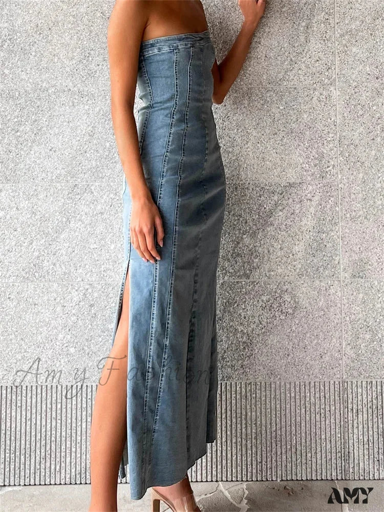 Amy Fashion - Women Tube  Strapless Backless Denim Back Zip Up Summer Side Split Club Party Female Vestidos - Image 5