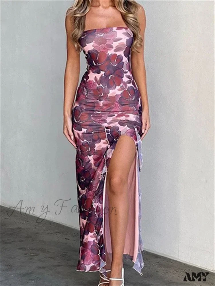 Amy Fashion - Women Tube  Strapless Backless Flower Print High Split  Summer Ruffles Cocktail Female Vestidos - Image 2