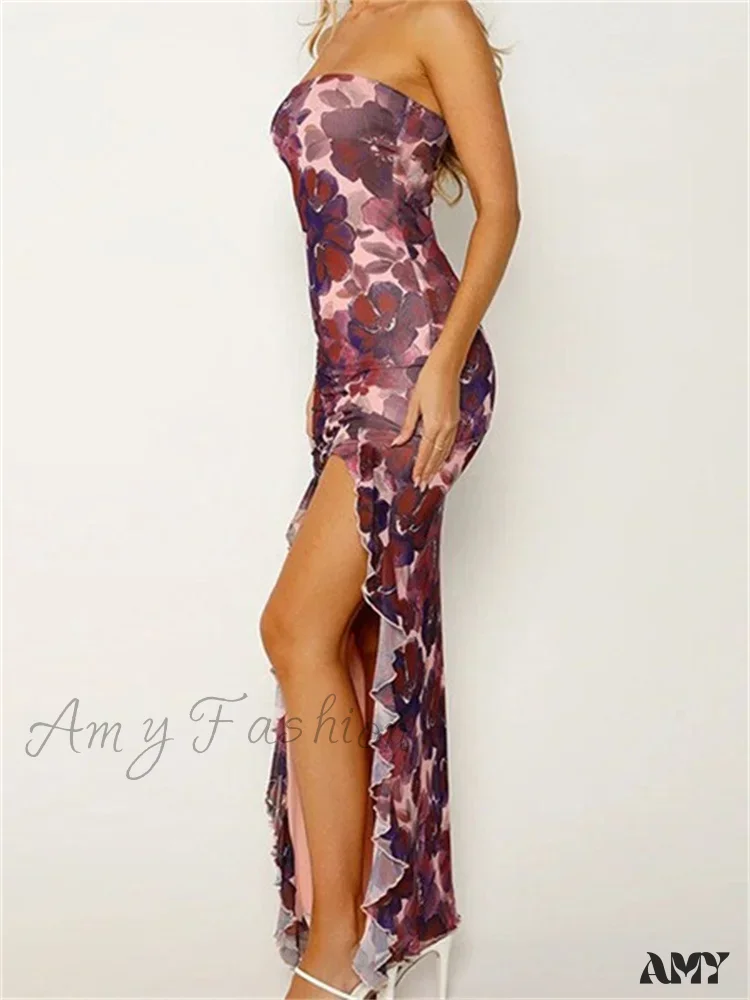 Amy Fashion - Women Tube  Strapless Backless Flower Print High Split  Summer Ruffles Cocktail Female Vestidos - Image 3