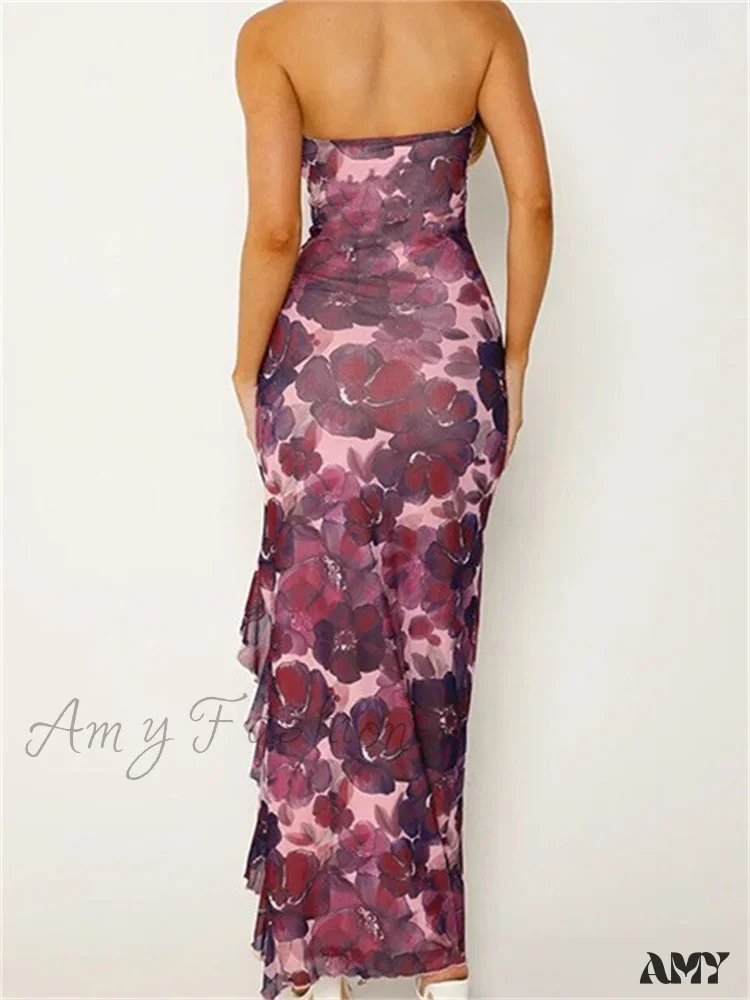 Amy Fashion - Women Tube  Strapless Backless Flower Print High Split  Summer Ruffles Cocktail Female Vestidos - Image 4