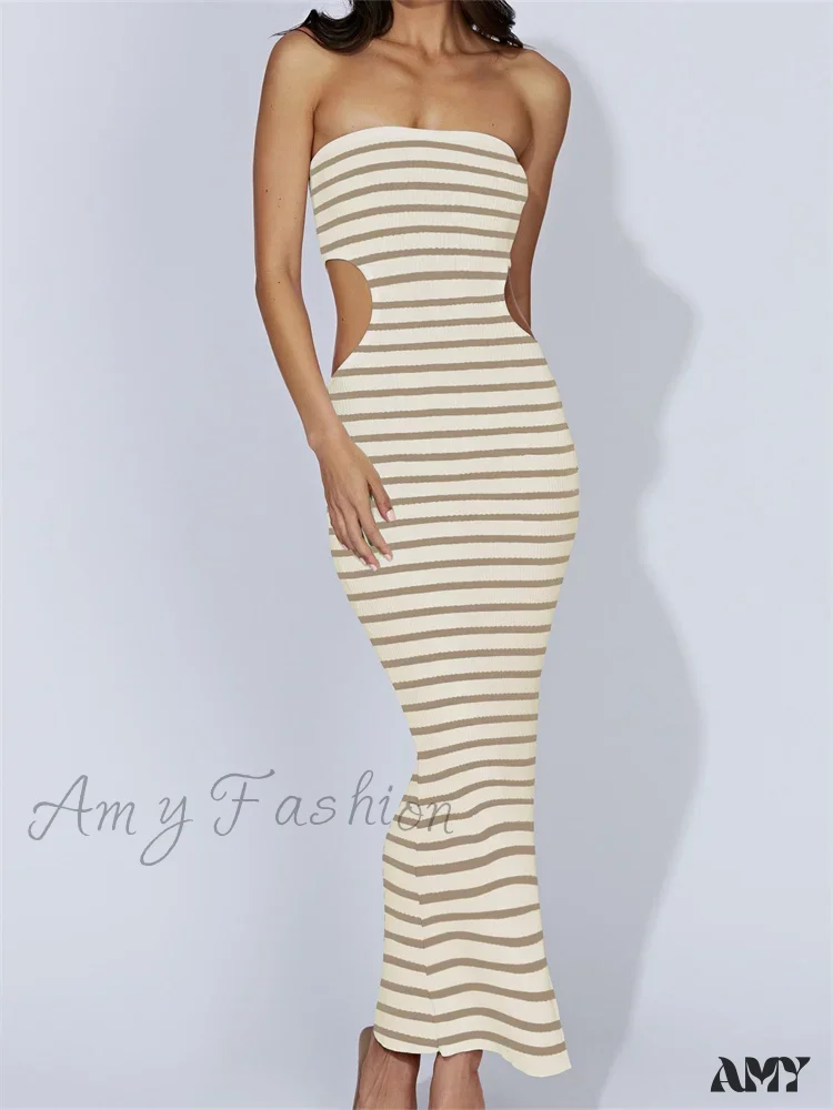 Amy Fashion - Women Tube Strapless Off Shoulder Cutout Solid Color/Striped Print Knitted  Summer Beach Vestido - Image 2