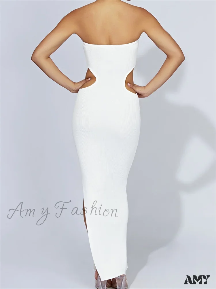 Amy Fashion - Women Tube Strapless Off Shoulder Cutout Solid Color/Striped Print Knitted  Summer Beach Vestido - Image 4
