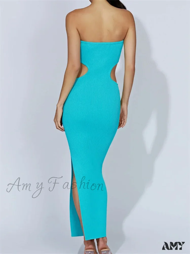 Amy Fashion - Women Tube Strapless Off Shoulder Cutout Solid Color/Striped Print Knitted  Summer Beach Vestido - Image 6