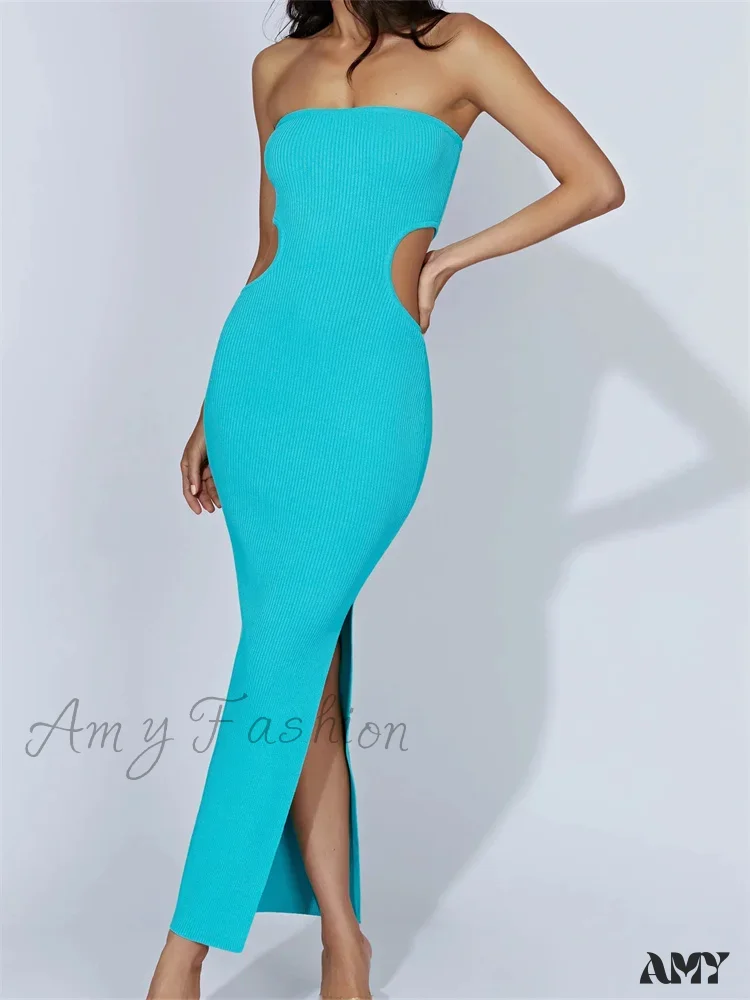 Amy Fashion - Women Tube Strapless Off Shoulder Cutout Solid Color/Striped Print Knitted  Summer Beach Vestido - Image 7