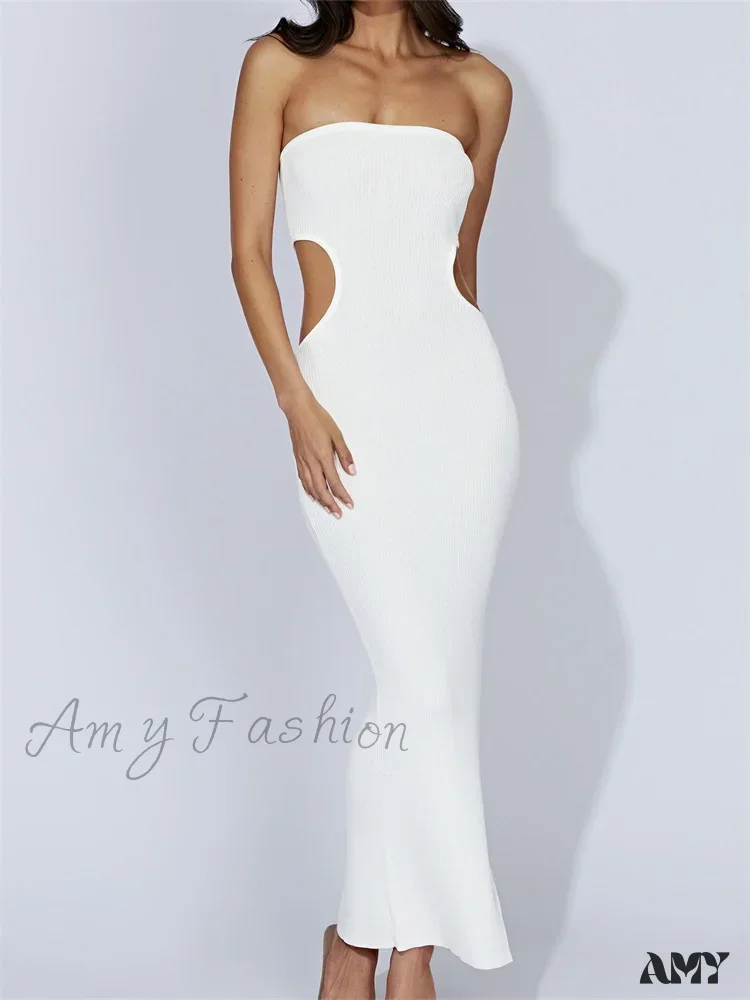 Amy Fashion - Women Tube Strapless Off Shoulder Cutout Solid Color/Striped Print Knitted  Summer Beach Vestido - Image 8