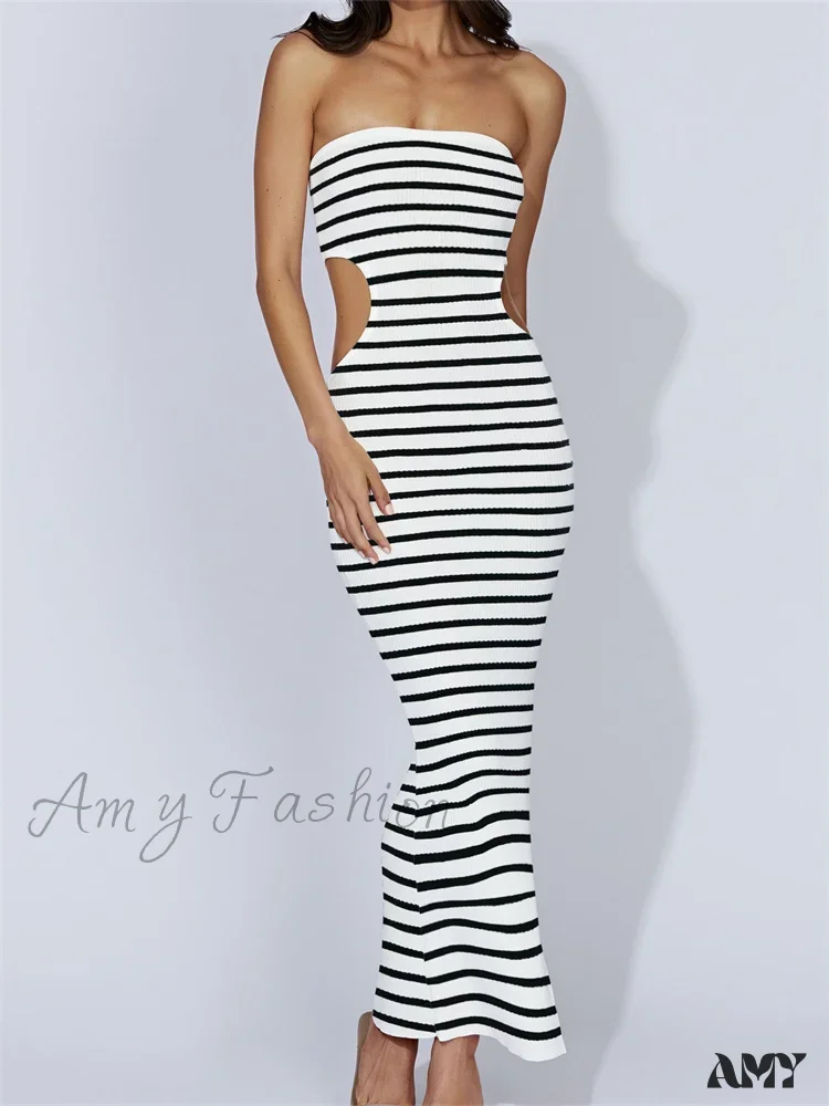 Amy Fashion - Women Tube Strapless Off Shoulder Cutout Solid Color/Striped Print Knitted  Summer Beach Vestido - Image 9